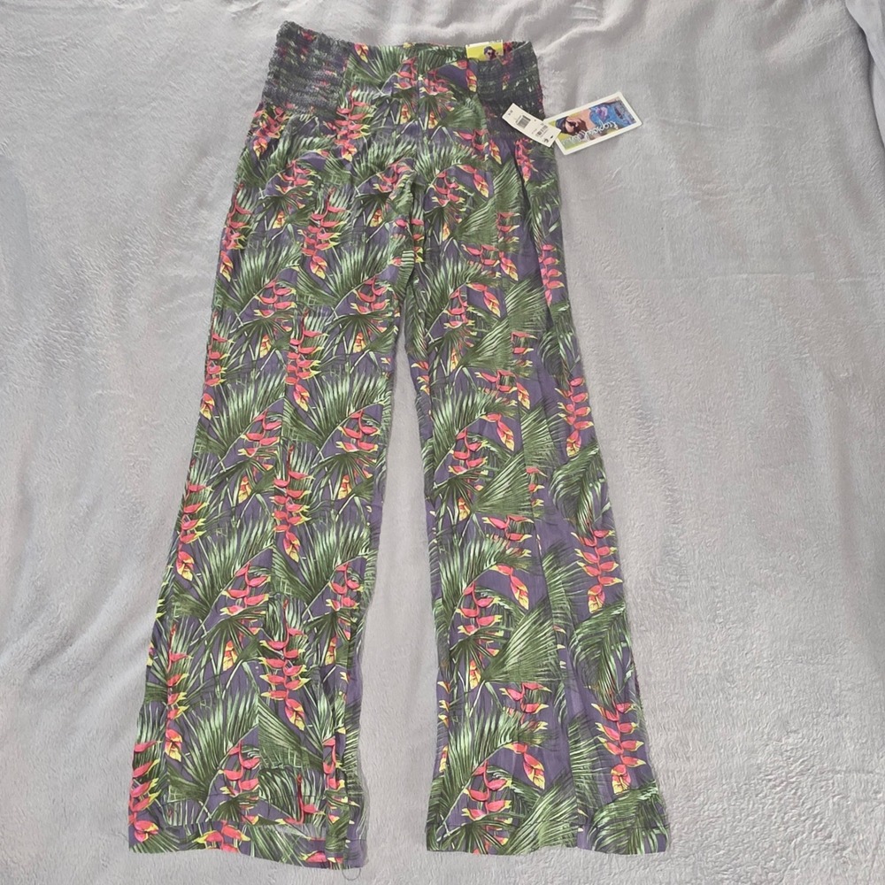 Rewash Tropical Bliss Wide Leg Pants Purple Floral Palm‎ Smocked Waist Womens M